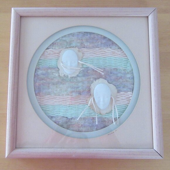 Vintage fabric art collage textile art - Southwestern 1988 aqua and coral weave